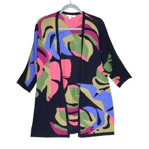 Chico's Open Cardigan Sweater Sz 1 M Bright Colorful Pattern Tight Open Knit Art